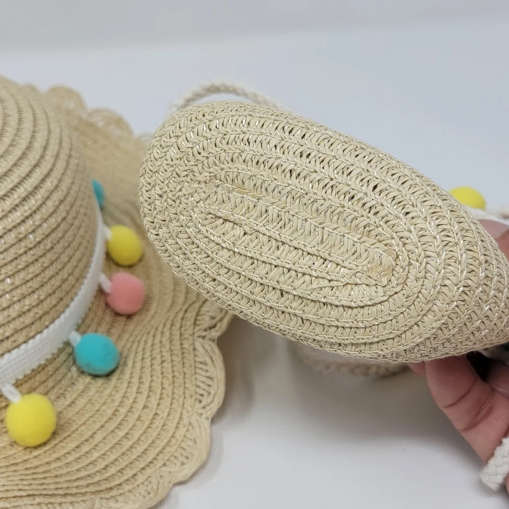 Kids Straw & Pastel Pom Pom Summer Hat & Matching Mini Purse Set